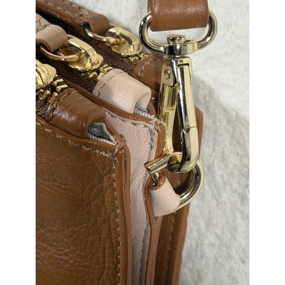 Elisabetta Yang Leather Crossbody Bag Brown Italian Double Zip Gold - Picture 10 of 16